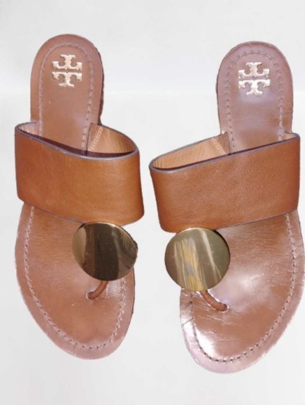 Tory Burch Patos Disk Leather Sandal Brown Gold Size 8M